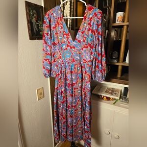 Caroline Constas Red and Blue Floral Cotton Long Sleeve Dress NWT Medium